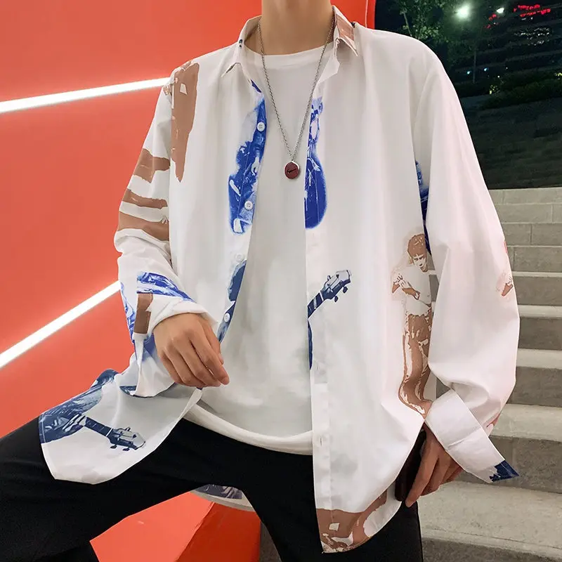 

Autumn Men's Shirt Floral Simplicity Cotton Lapel Male Portrait Printing Long Sleeves Student Youth All-match Casual Cardigan