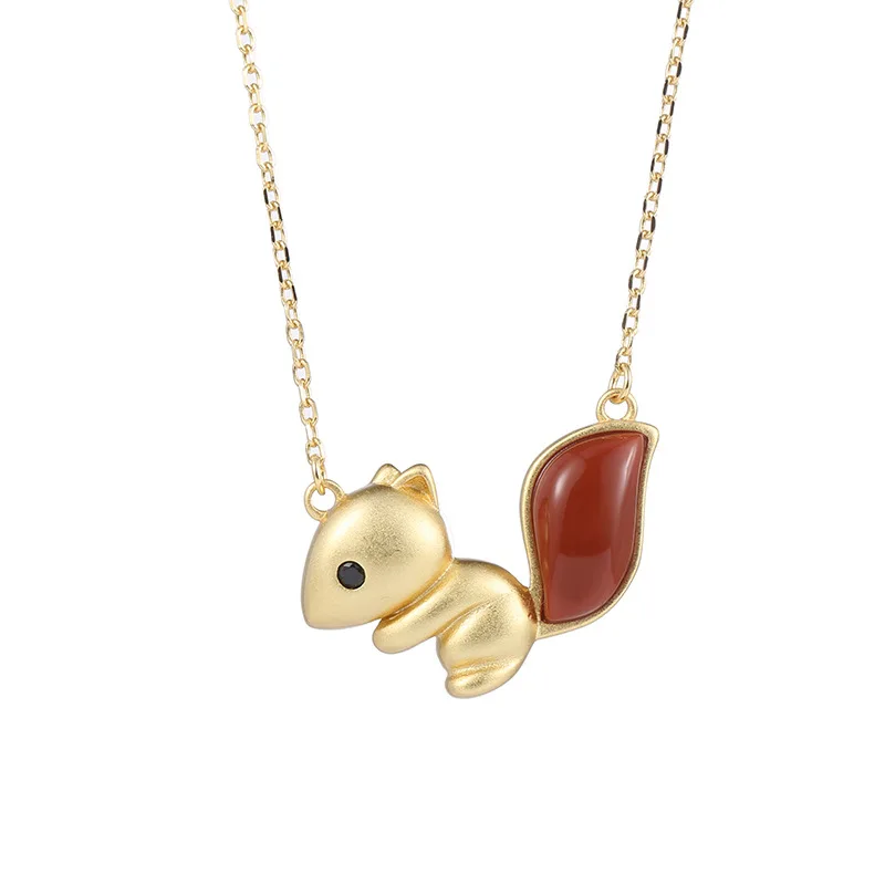 

SA SILVERAGE S925 Silver Inlaid Red Agate Necklace Simple Female Squirrel Pendant Creative Fashion Clavicle Chain Silver Jewelry