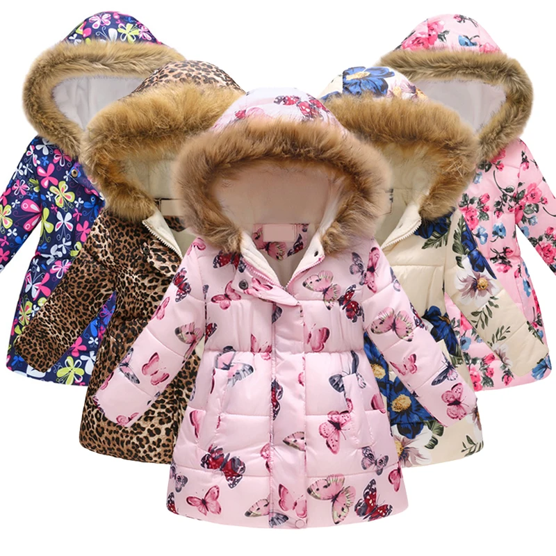 

Girls Down Jackets Kid Printed Plus Velvet Thick Outerwear Children Clothing Autumn Winter Boyl Warm Fur Collar Hooded Coats New