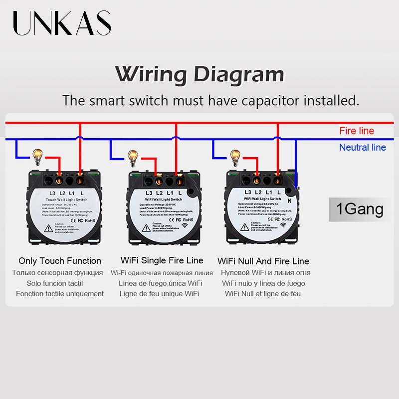 Moduli UNKAS combinazione gratuita fai-da-te 2 3 4 5 6 7 8 Gang EU Wifi Touch On / Off Smart Switch vetro nero 157mm presa pannello