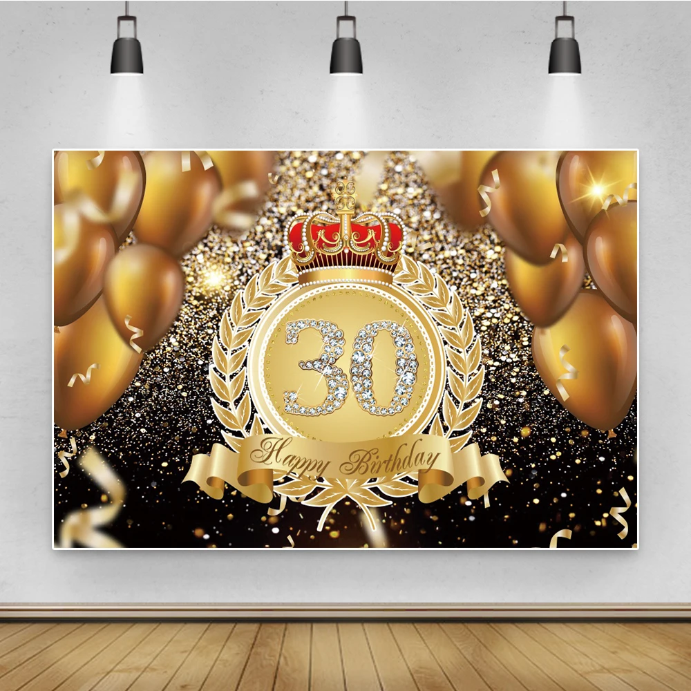 

Gold Glitters Crown Woman‘s Happy 30th Birthday Party Banner Backdrop Golden Balloons Black Photography Background Photo Studio