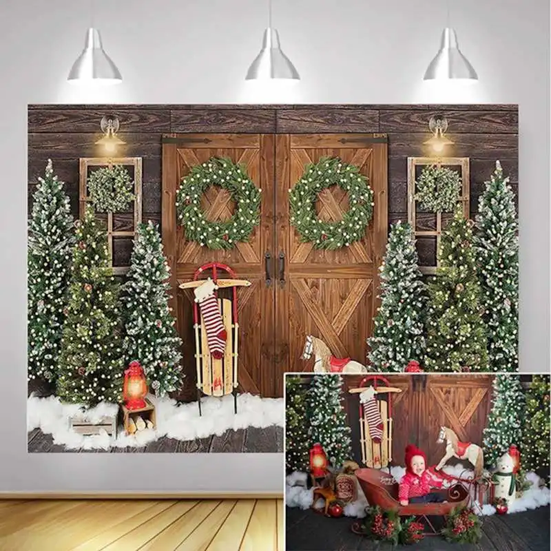 

Mocsicka Wood Door Christmas Backdrop Snow Newborn Photography for Photo Studio Christmas Tree Garland Child Kid Photocall Props