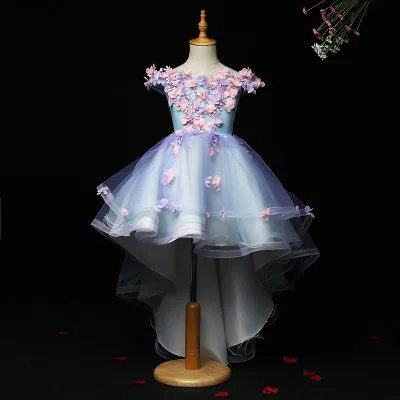 Light Blue Tulle Princess Ball Gowns Wedding Tutu Dress for Girl Beading Appliques Party Flower Girl Dresses Trailing Prom Gowns