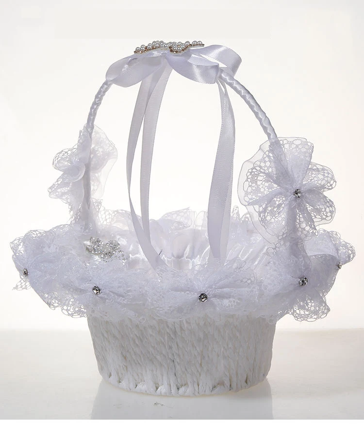 Portable Flower Basket for Girl, Pearl Rhinestone, Big Bow, Wedding Supplies, Bride Supplies