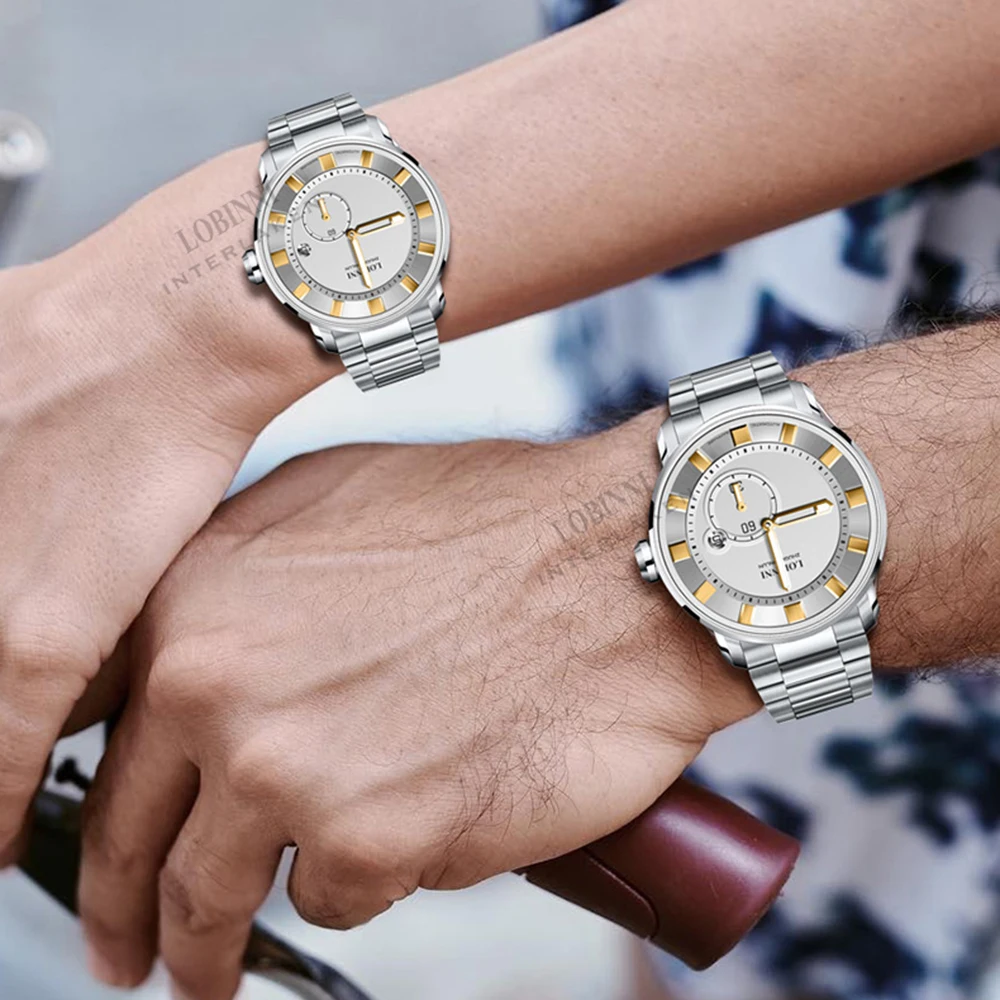 ساعة يد ميكانيكية أوتوماتيكية للرجال من LOBINNI، مرآة ياقوتية مضيئة، قرص ثاني صغير