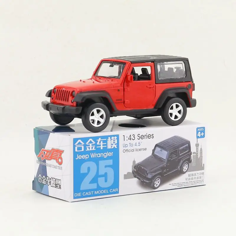 Diecast Metal Toy Model 1:43 Scale Jeep Wrangler SUV Sport Car Pull Back Doors Openable Educational Collection Gift Match Box