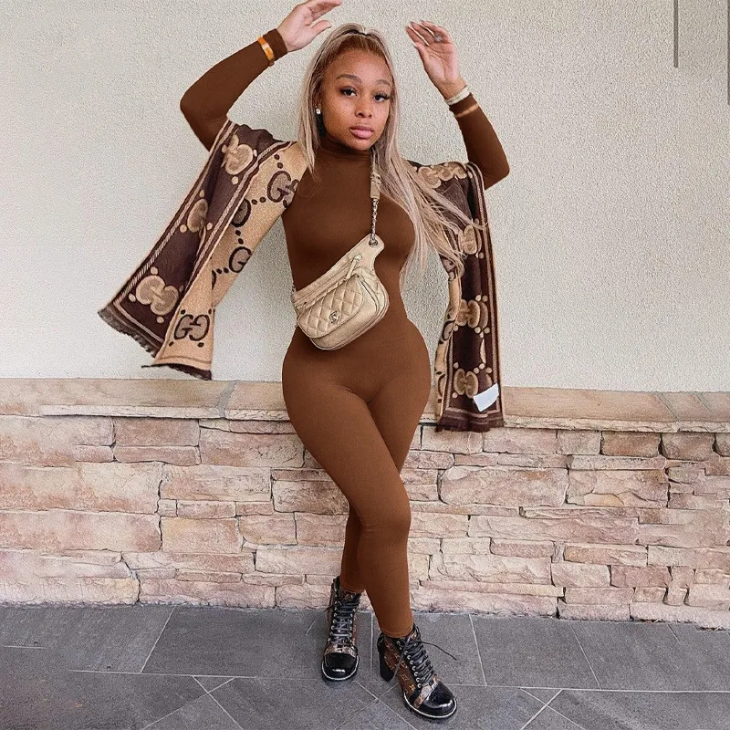 Fall Winter Long Sleeve Brown Sexy Bodycon Jumpsuit Women Romper One Piece Outfits Turtleneck White Black Jumpsuit Female Ladies