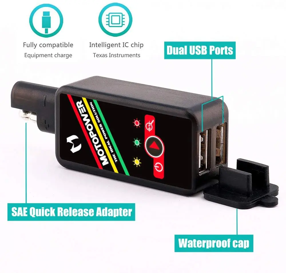 MOTOPOWER MP0620B 4.2Amp Motorcycle Dual USB Charger SAE to USB Adapter with Battery Monitor Switch Control