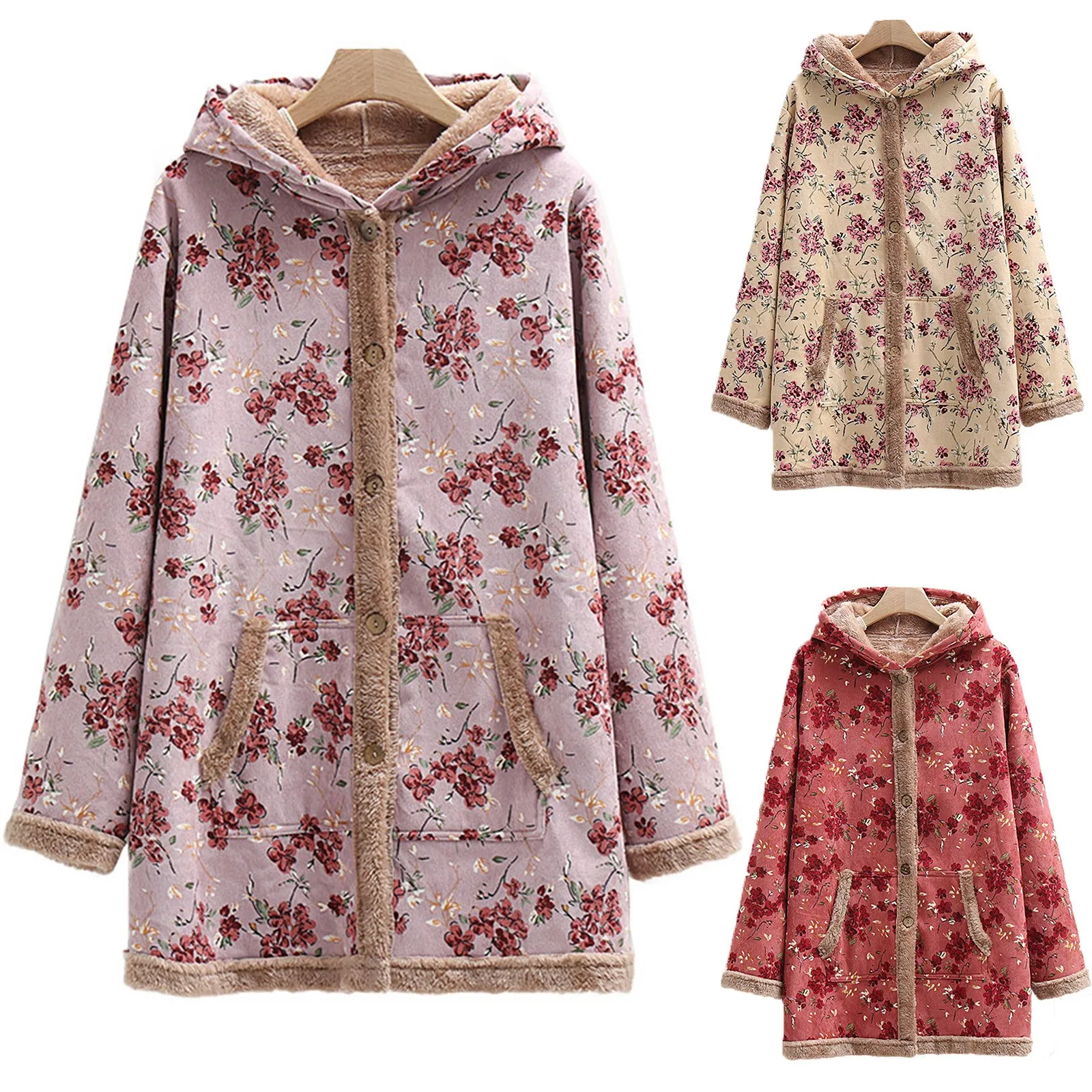 

Nice S-5XL Winter Vintage Women Coat Warm Floral Thick Fleece Hooded Long Jacket With Pocket Ladies Outwear Loose Coat For Women