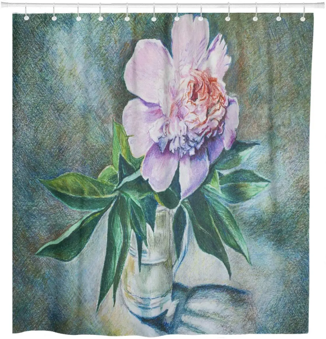 Green Peony Flower in Glass Vase Colored Pencils Pink Shower Curtain Waterproof Polyester Fabric 72 x 72 Inches Set with Hooks