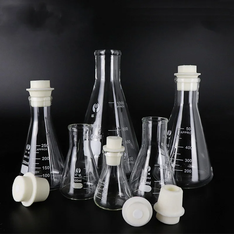 Matraz de vidrio de borosilicato cónico con tapón de goma, equipo químico de laboratorio, 50-1000ml