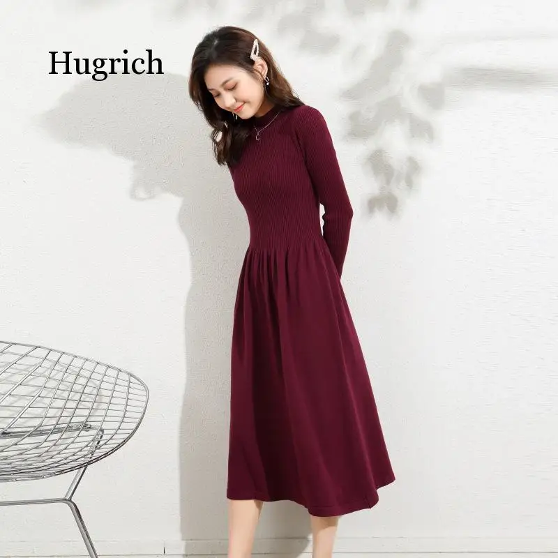 Office Ladies Long Knit Women Sweater Dress Thick Warm Pleated Fall Winter Pullover