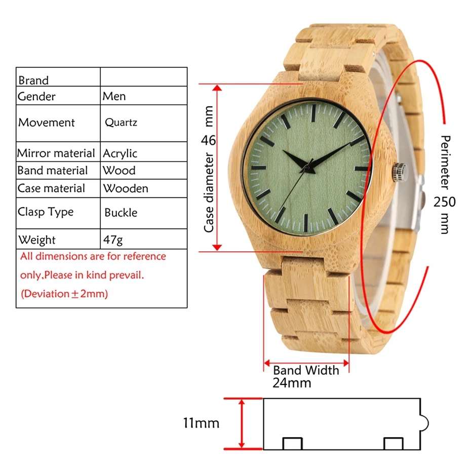 Light Green Dial Wood Watch Men\'s Full Bamboo  Natural Wooden Watches Adjustable Strap Timepieces Bracelet Clasp Clock Male 2020