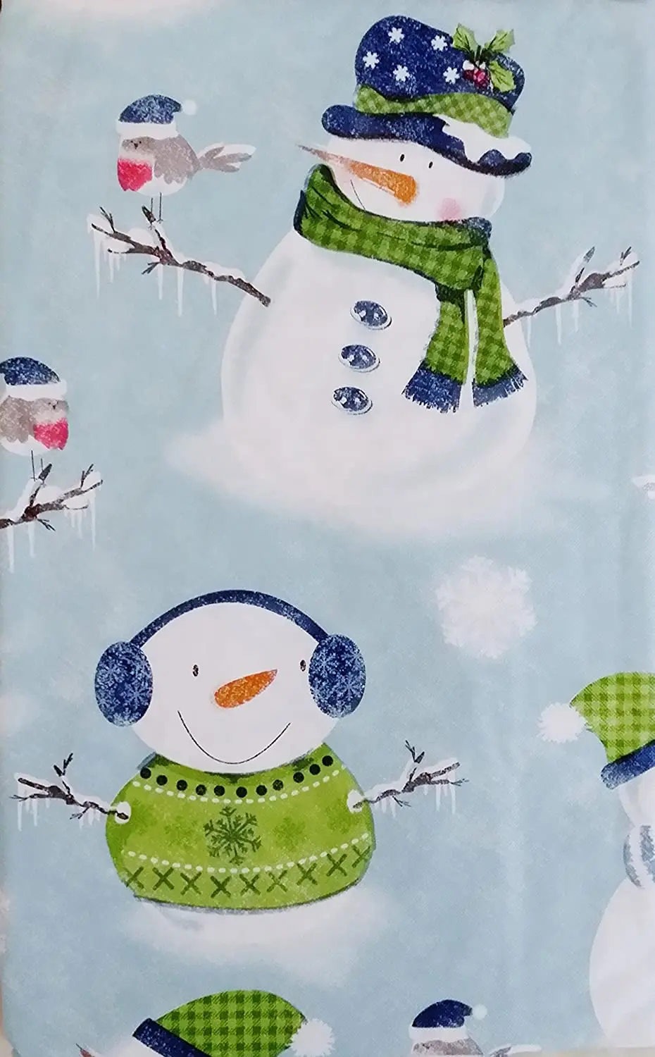 Happy Holiday Snowmen and Snow Birds in a Winter Wonderland Vinyl Flannel Back Tablecloth