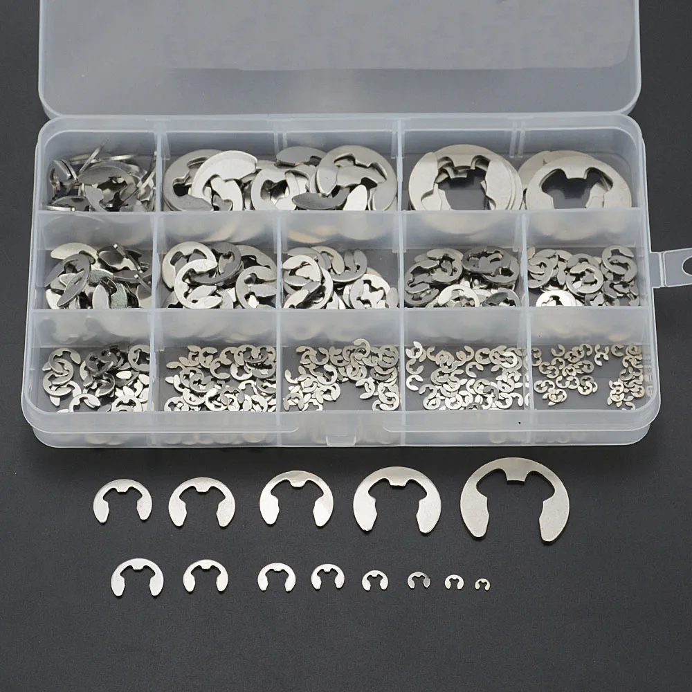 290PCS/Box 1.2-15mm E Clip Circlip Washer Assortment Kit 304 Stainless Steel External Retaining Ring Clip For Pulleys Shaft