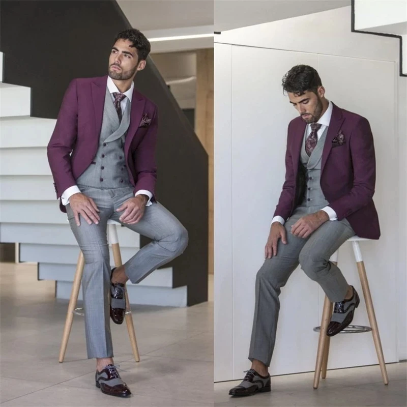 

Purple Jacket Grey Vest Pant Costume Homme Marriage Men Suits Groom Tuxedos Peak Lapel Wedding Terno Masculino Slim Fit 3 Pieces