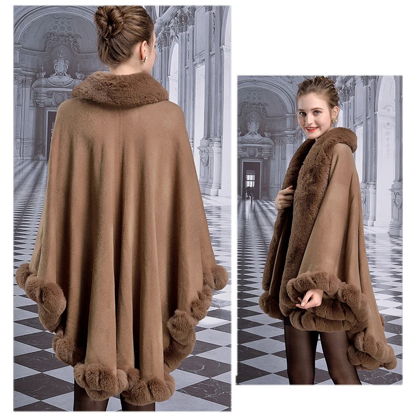 Fashion Thick Faux Rex Rabbit Fur Overcoat Cloak Women Fall Winter Knit Coat Long Handcraft Noble Elegant Cape Warm Wraps