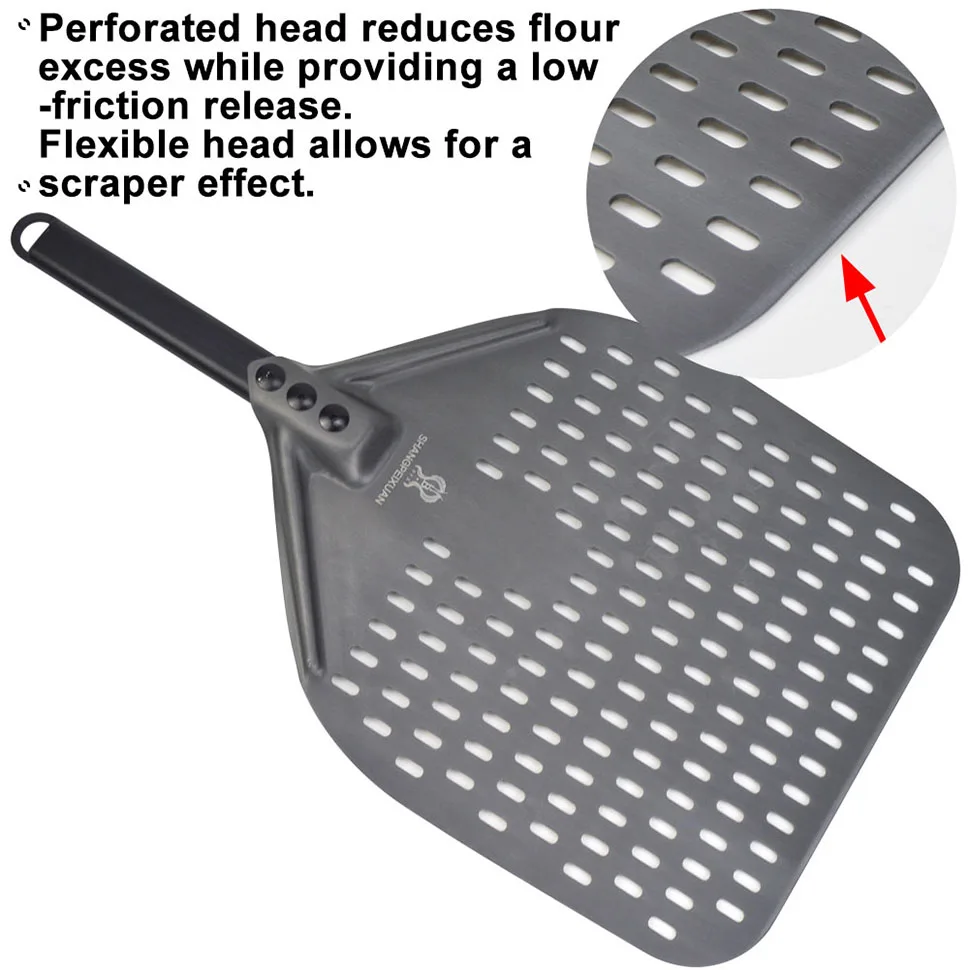 SHANGPEIXUAN Perforated Turning Peel 12 Inch Rectangular Pizza Shovel Aluminum Hard Coating Pizza Peel Paddle Short Pizza Tool