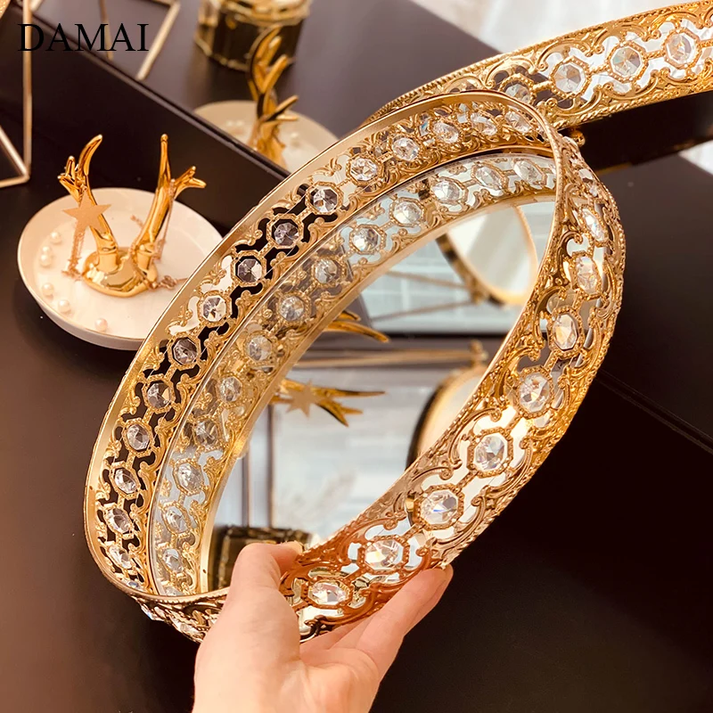 European Luxurious Glass Mirror Trays Gold Inlay Crystal Embellishment Jewelry Necklace Display Tray Dressing Table Decoration