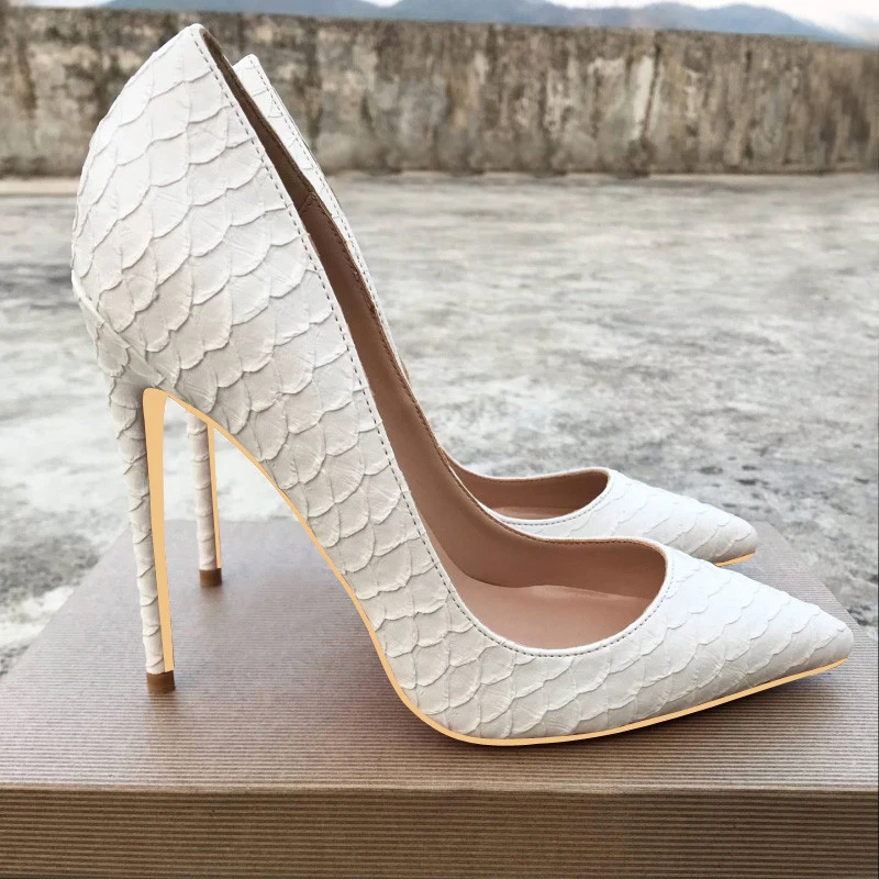 Tikicup White Crocodile-Effect Women Sexy Pattern Stiletto High Heels 12cm 10cm 8cm Customize Lady Pointy Pumps Chic Party Shoes