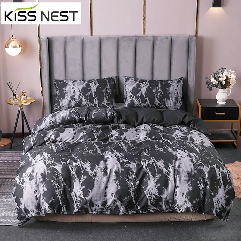 Reactive Printed Soft and Warm ,Nordic Bed Cover 150,Duvet Covers For Bed 150, 240x220 Luxury Dark Black Marble 2/3 Pces