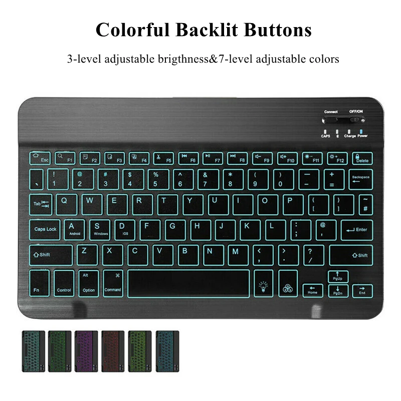 Teclado Recarregável Retroiluminado Sem Fio, Bluetooth, RGB, 7 Cores, Android, Viúvas, Telefone, Tablet, iPad, Mini, Ar, Pro