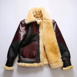 BDB3 European US Size High Quality Super Warm Genuine Sheep Leather Coat Mens Big B3 Shearling Bomber Military Fur Jacket