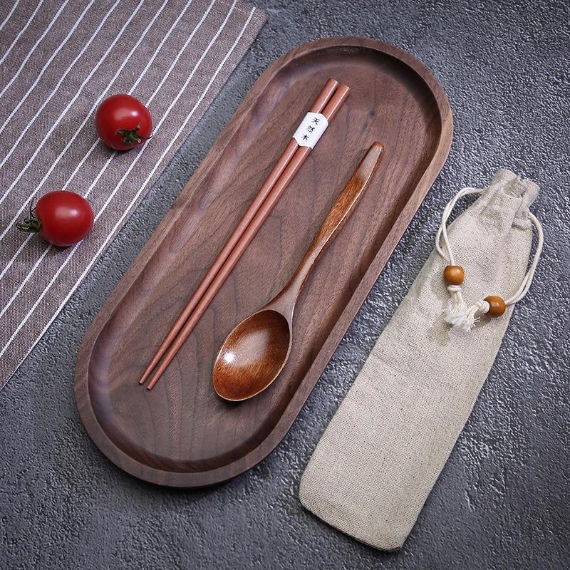 Portable 3-piece Wooden Cutlery Sets Wood Tableware Travel Spoon Chopsticks Fork Dinnerware Suit with Cloth Pack Gifts Set