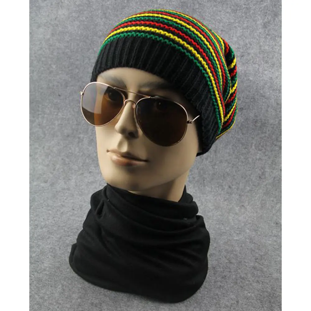 New Stylish Bob Marley Reggae Hat Jamaican Pom Slouch Baggy Beanie Stripe Brim Cotton Winter Warmer Visor Stripe Cap 2022