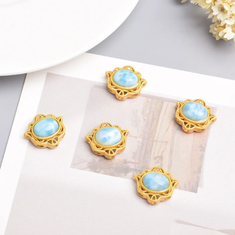 ZHEN-D Perhiasan Kualitas Tinggi Alami Larimar Perak Sepuh Emas Bentuk Lotus Mini Konektor Spacer Bead DIY Liontin Kalung Hadiah