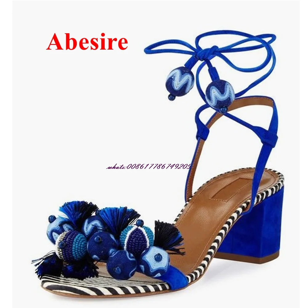 

Open Toe Ball Tassel Sandals Chunky Heel Ankle Strap Sandals High Heel Summer Fashion Women Shoes Party Shoes Sexy Big Size