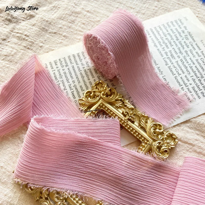 Chiffon Silk Ribbon Handmade Frayed Edged Wrinkle  Wedding Flower Bouquet Wrap Decoration Invitation Flatlays Prop 25mm, 50mm