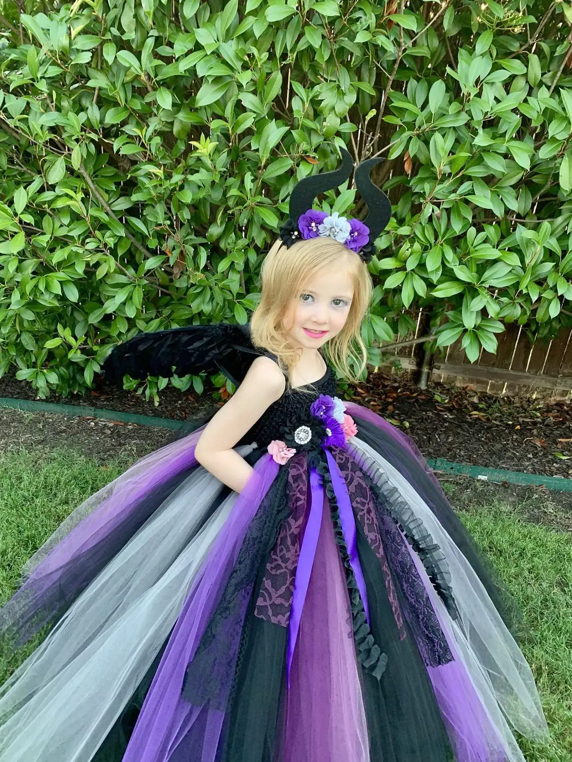 Girls Maleficent Witch Flower Tutu Dress Kids Tulle Dress Ball Gown with Lace Ribbons Children Halloween Party Costume Dresses