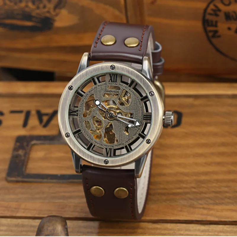 Gorben Brown/Black Leather Strap Automatic Mechanical Watch Skeleton Mens Watch Waterproof Sport Casual Male Wrist Watch