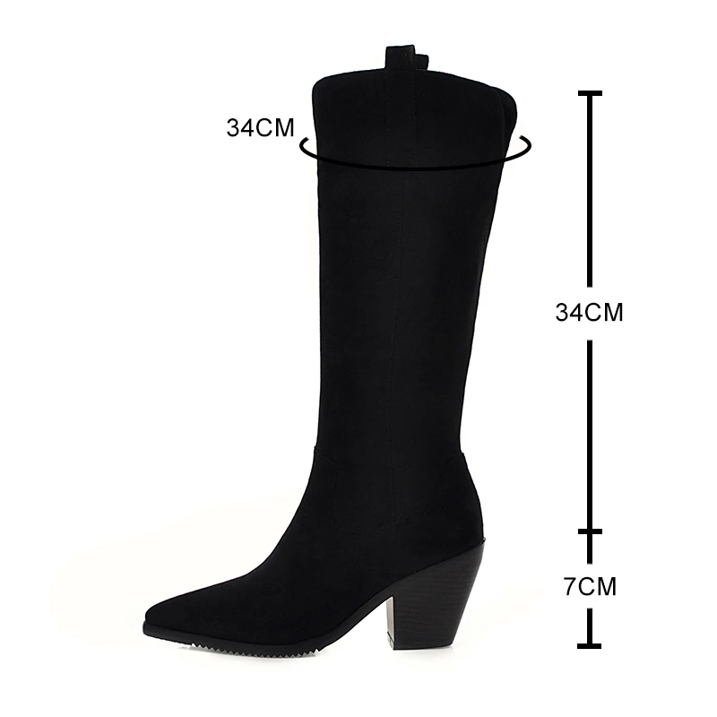 Brand Designer Faux Leather Women Knee High Boots western cowboy Wedge Pointed toe Boots Woman Long Chunky High Heel Botas Mujer