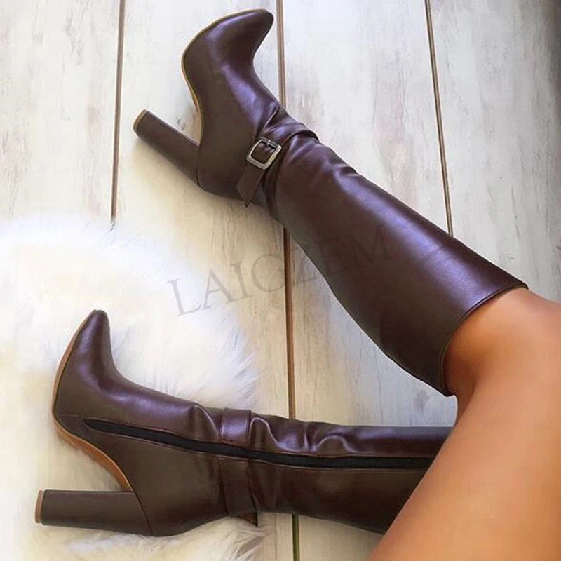 BERZIMER Women Knee High Heels Boots Chunky Block Heels Side Zip Boots Tall Ladies Faux Leather Shoes Woman Large Size 45 46 52