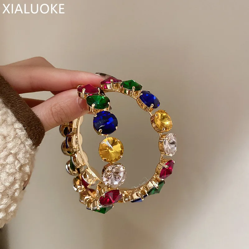 

XIALUOKE Vintage Big Round Colorful Crystal Hoop Earrings For Women Hyperbole Geometric Earrings Party Statement Jewelry