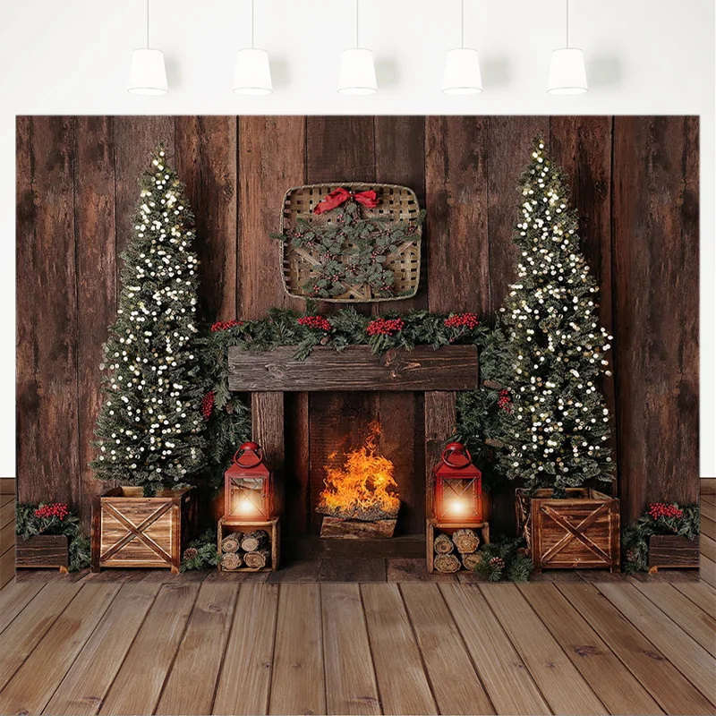 

Photography Background Christmas Decoration Tree Retro Vintage Wooden Wall Fireplace Christmas Backdrops for Photo Studio
