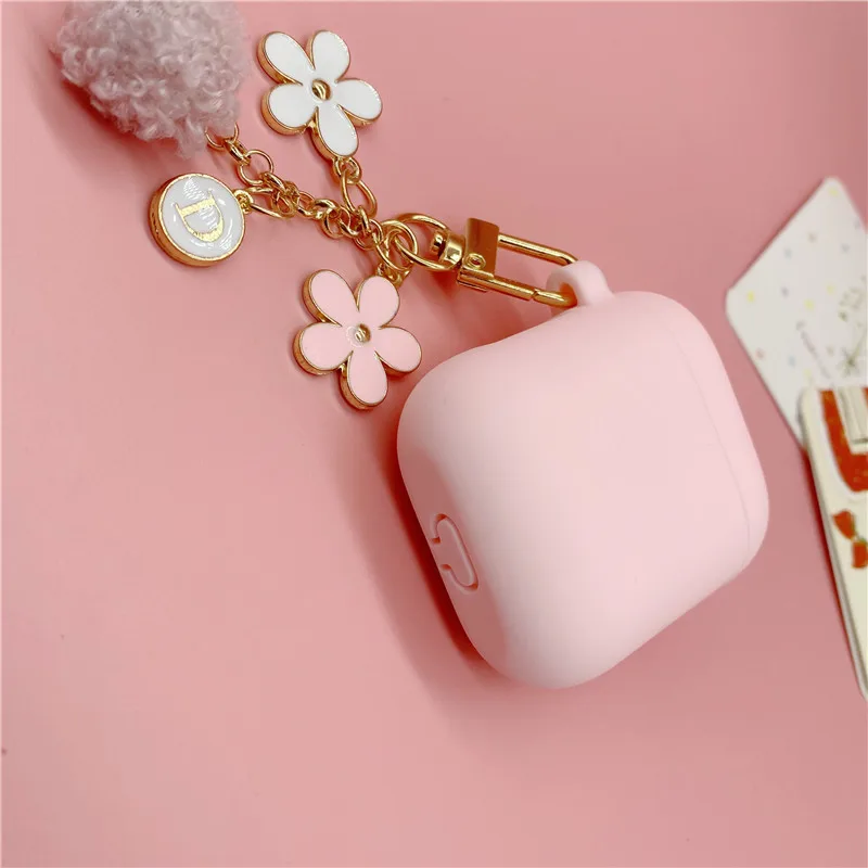 Korea Cute Letter Flower Hairball Keychain Pink Silicone Earphone Case For Apple Airpods 1 2 Pro 3 Bluetooth Headset Cover Sweet