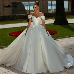 Smileven-vestido De novia De satén con hombros descubiertos, traje De princesa, escote Corazón, encaje en la espalda