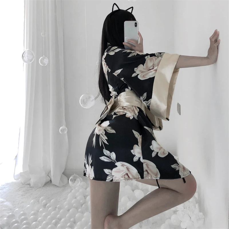 

Japanese Sexy Kimono for Women Gilrs Cardigan Floral Print Yukata Asian Obi Sleepwear Traditional Geisha Robe Vintage Clothes