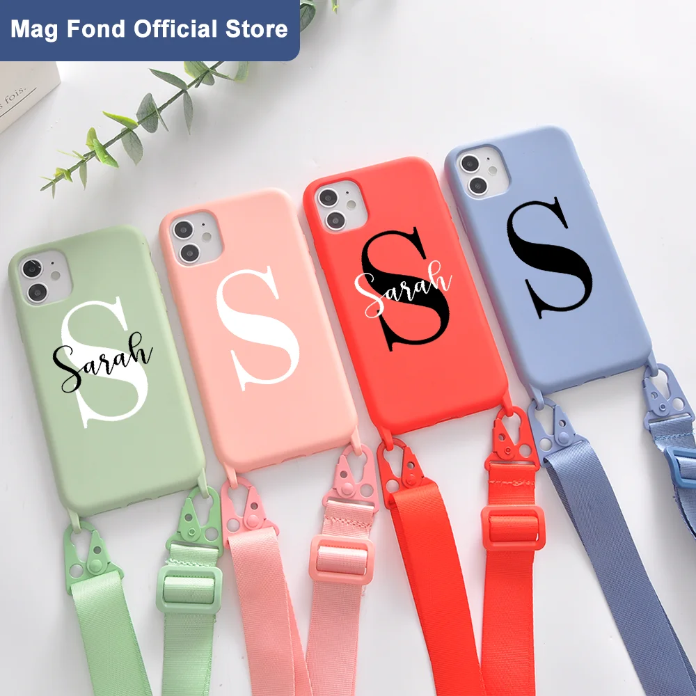 

Custom Name Letter For iPhone 12 11 Pro 7 8 Plus X XR XS Max SE With Rope Portable Liquid Silicone Cover Crossbody Phone Cases