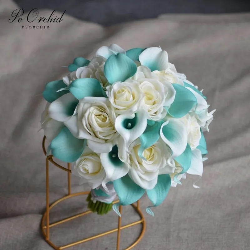 

PEORCHID Romantic Tiffany Blue Bridal Bouquet Rose&Calla Lily Artificial Brides flowers Wedding Bouquet De Mariage Custom