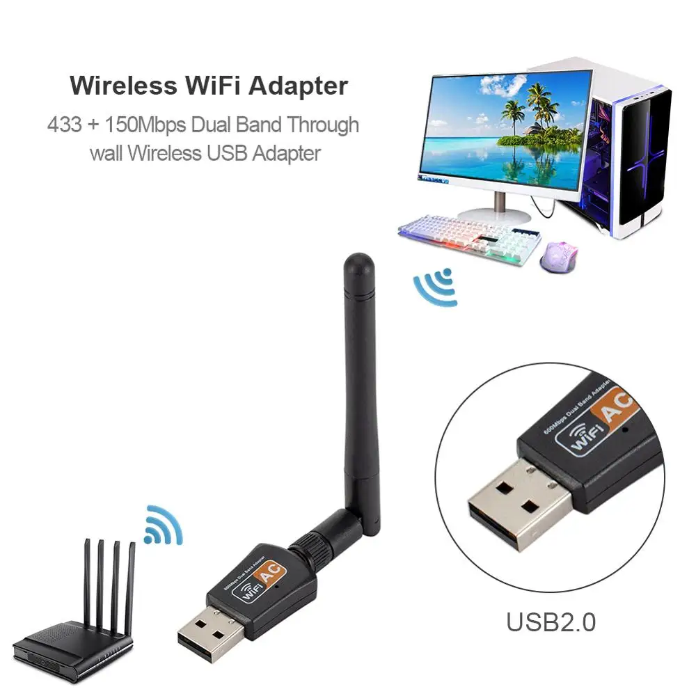 AC600 Wirelss Dongle 2.4GHz 5GHz 802.11ac Wi-Fi Adapter Dual Band Wireless Network Card for PC