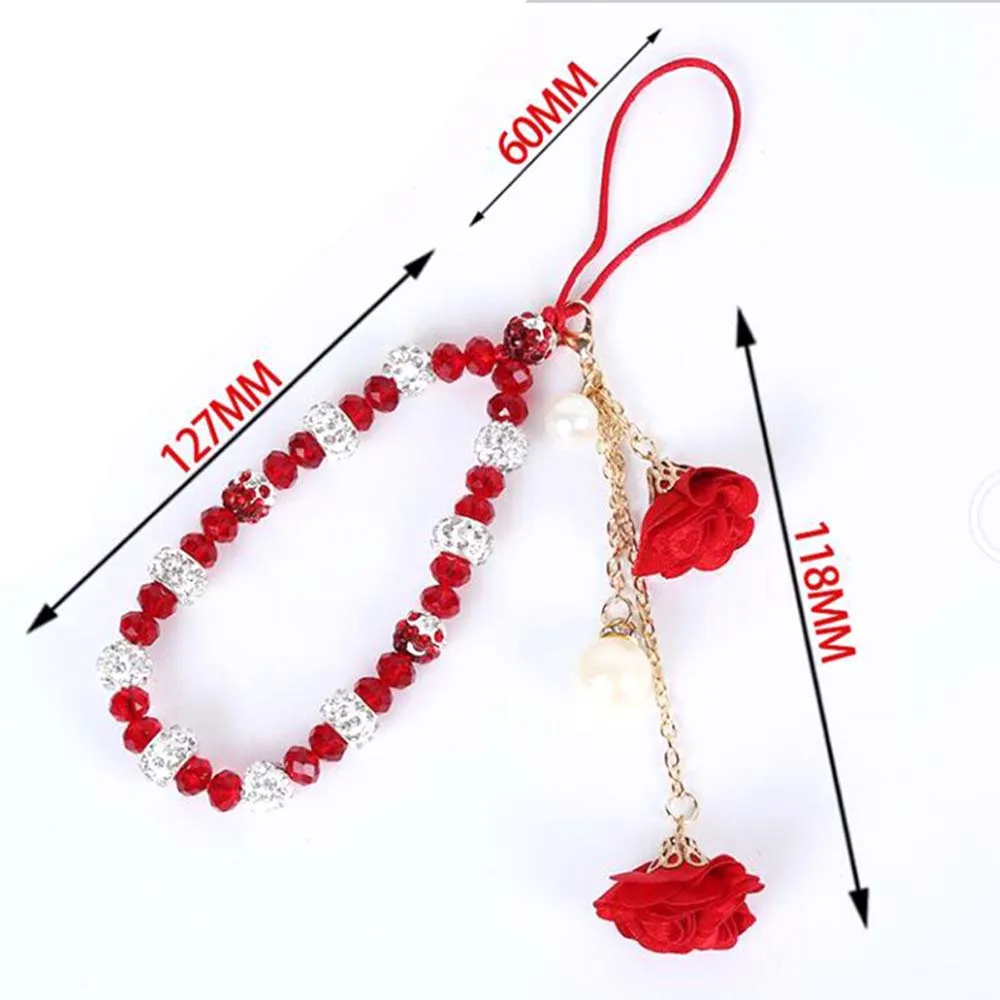 Trendy Beads Chain Mobile Phone Lanyard Short Cord for Key USB Crystal Bracelet Phone Case Flower Pendant Anti-lost Wrist Straps