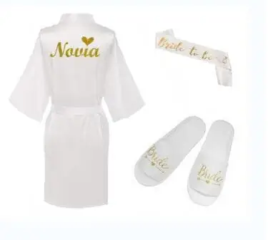 

3pc set of glitter gold novia robe bride slippers bridal sash foil writing Espanol spanish kimono la novia women pajamas robe