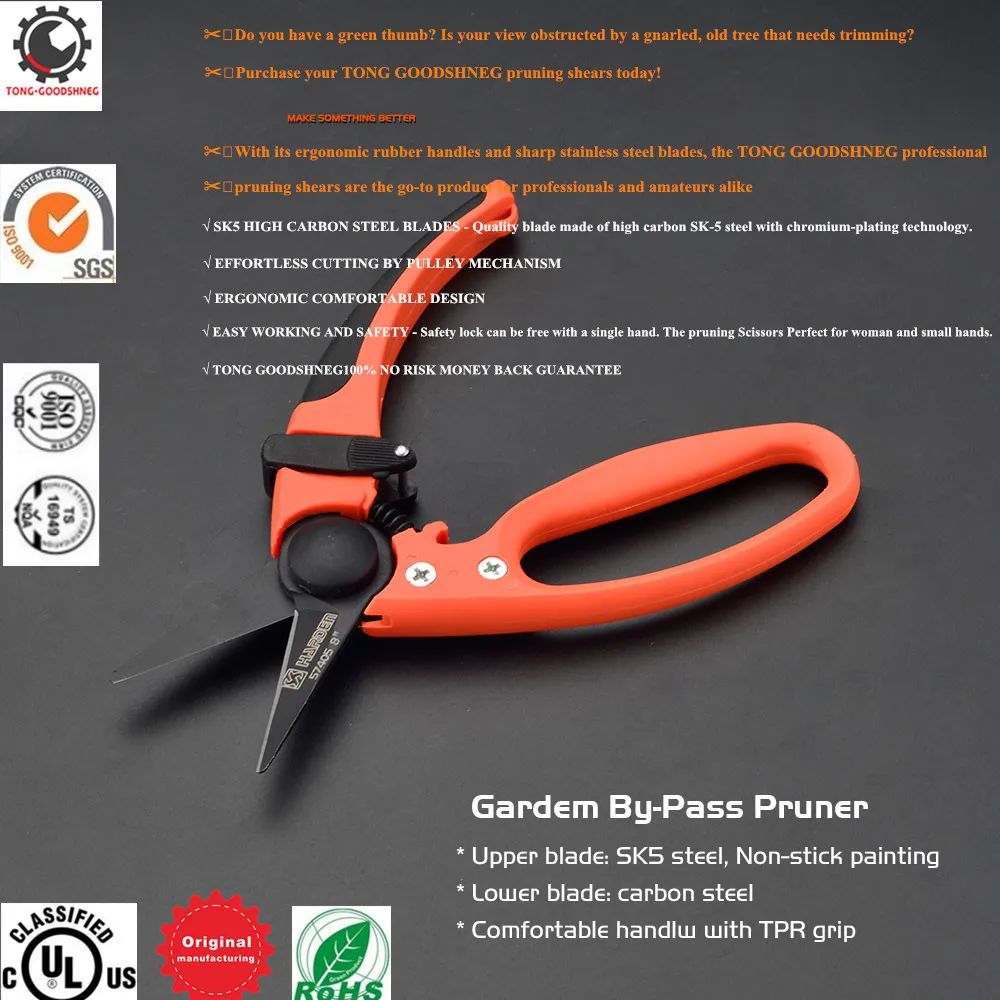 Professional Heavy Duty Garden Bypass Pruning Shears, Tree Trimmers Secateurs, Hand Pruner, Stainless Steel Blades,Hand Pruner