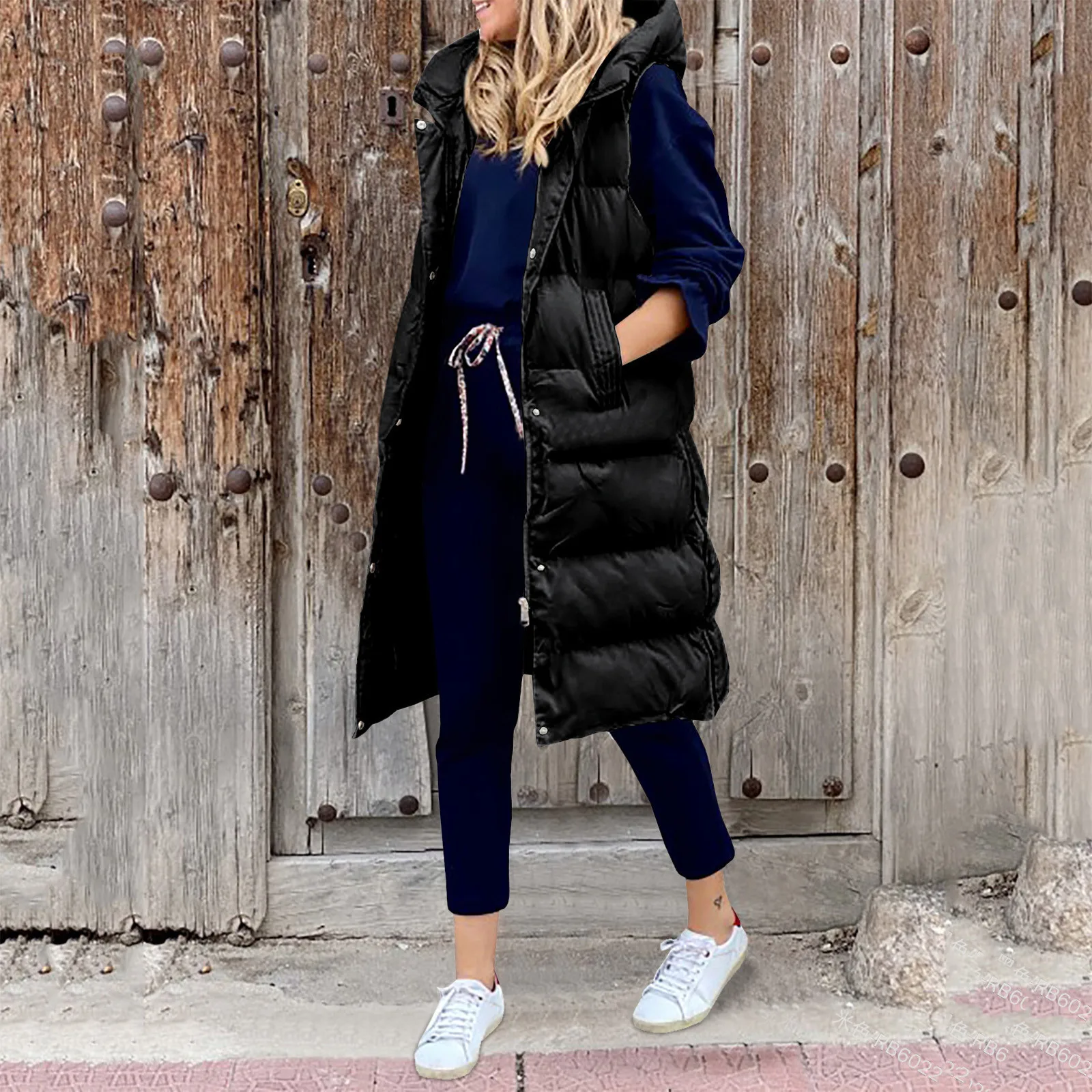 Women\'s Long Winter Coat Vest With Hood Sleeveless Warm Down Coat With Pockets Quilted Vest Down Jacket Quilted Outdoor Jacket