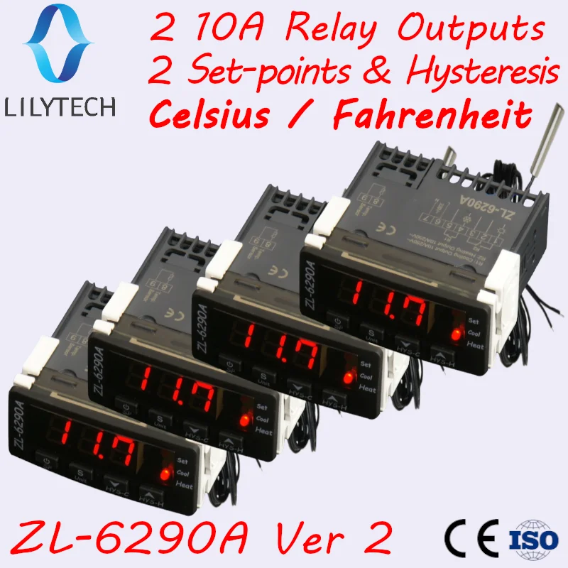 ZL-6290A, 4 pcs pack, Celsius Fahrenheit option, Dual outputs 10A, Thermostat for incubator, Similar to STC-1000, ITC-1000