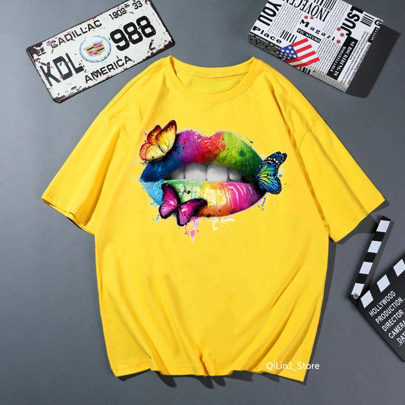 

Lgbt Gay Love Lesbian Rainbow Lip Print T Shirt Women Clothes 2024 Yellow Pink Gray Solid Tshirt Femme Harajuku Shirt